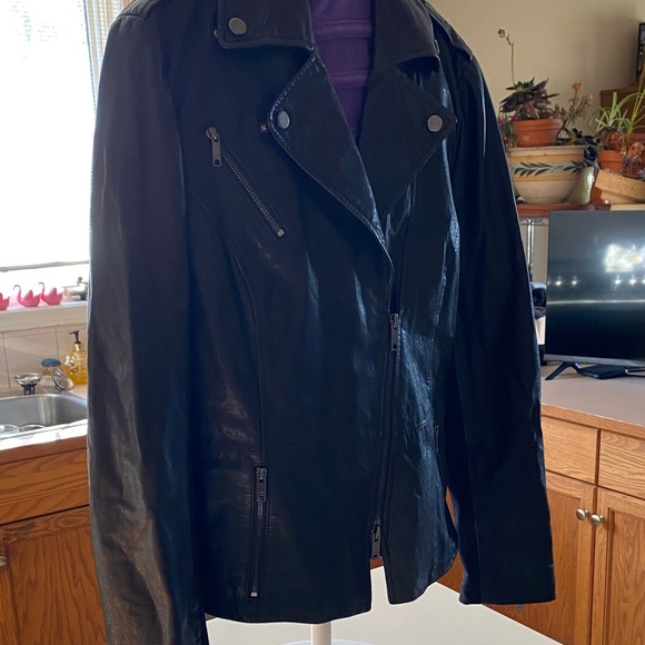 DKNY black leather jacket with nylon side panels. - Picture 10 of 13